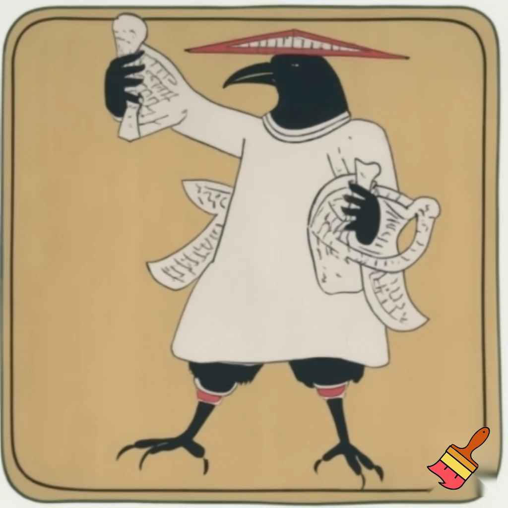 Mi fai una carta da gioco in questo stile, ma che raffigurino un corvo con il classico vestito manicheo, cioè una tunica bianca lunga fino alle zampe e una specie di cappello tubolare in testa, tutto bianco.
