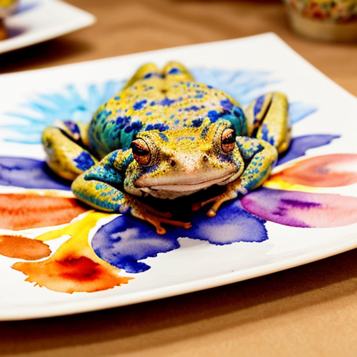 A hillarious, funny boho toad with some hippie colored coffee cups. Psychedelic decorated background, hyperrealistic. Close-up view.