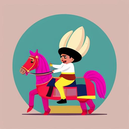 2D flat illustration of 'Aloo ki Barat' - a potato wedding procession. A cute cartoon potato groom wearing a pink sherwani and turban riding a horse. Behind him, a 2D band of potatoes playing trumpets and drums. Bright solid colors, clean bold lines, simple background with Indian houses. Digital art style, high resolution, vibrant palette.