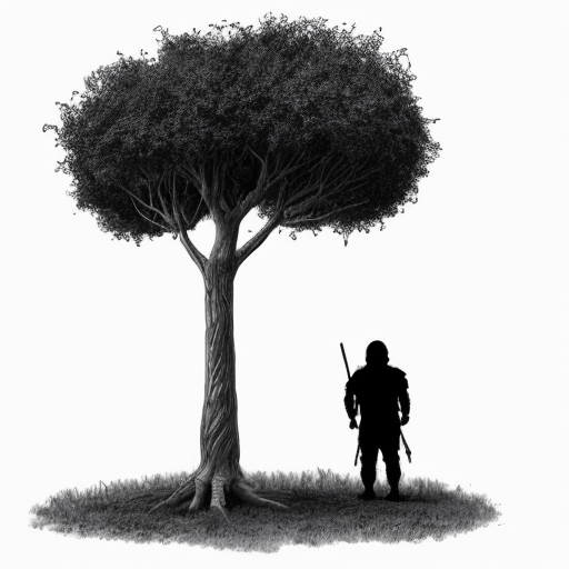 Ancient human survival

Stick figure hiding behind tree, predator in distance, black and white, minimalist, xkcd-style, survival concept illustration