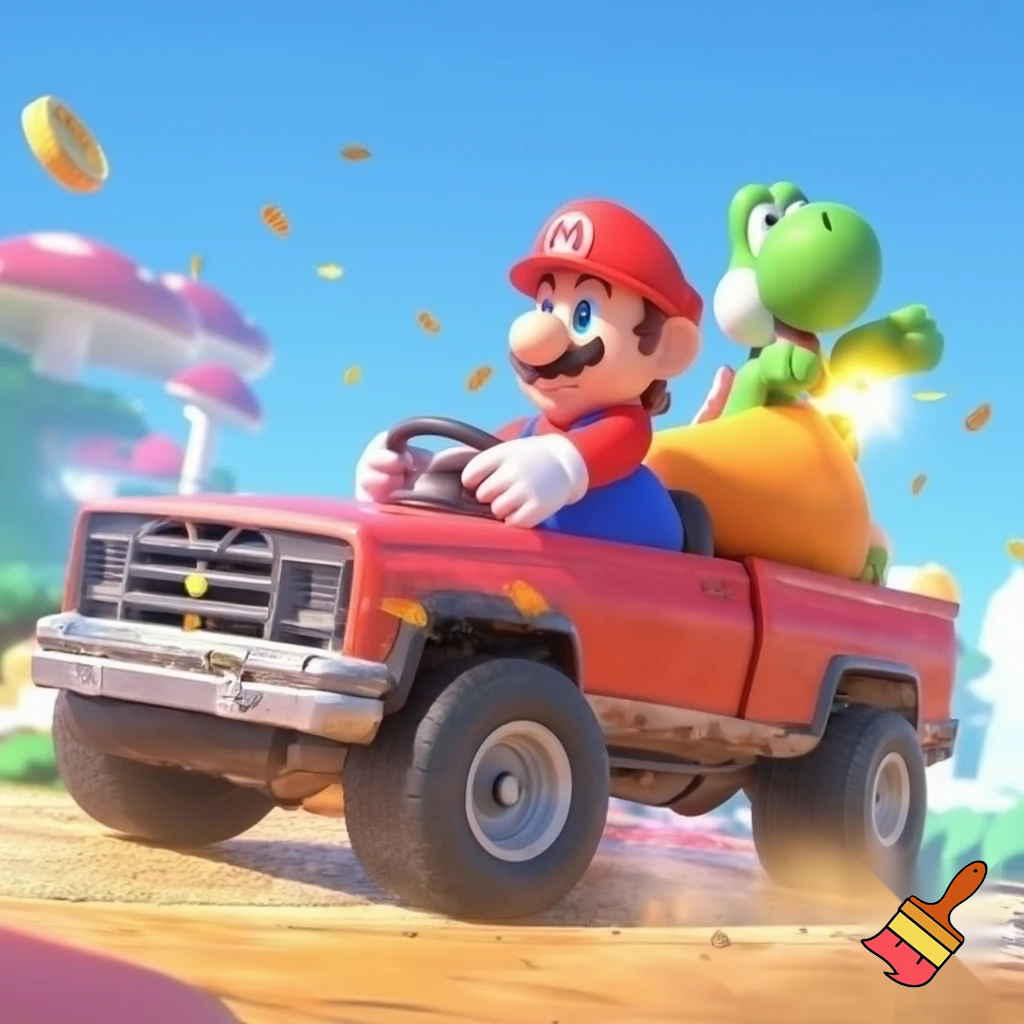 Mario driving a pickup truck with free v bucks and yoshi holding a bag of v bucks. Make the image clean 
