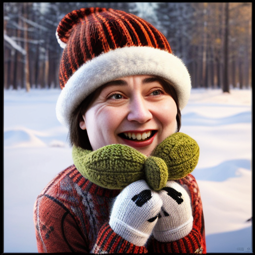 A laughable, puzzled toad in woolen, multicoloured winter clothings with woolen, funny winter cap. Hyperrealistic art style.