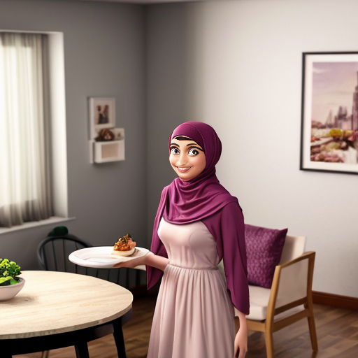 Pixar-style 3D cartoon, Muslim woman, 50 years old, fully covered, headscarf covering all hair, modest appearance, wide flowing pink dress, standing in a modern living/dining room, placing plates on the table, preparing food to eat, medium-class interior, neutral colors, simple furniture, cozy atmosphere, bright friendly lighting, simple cartoon style