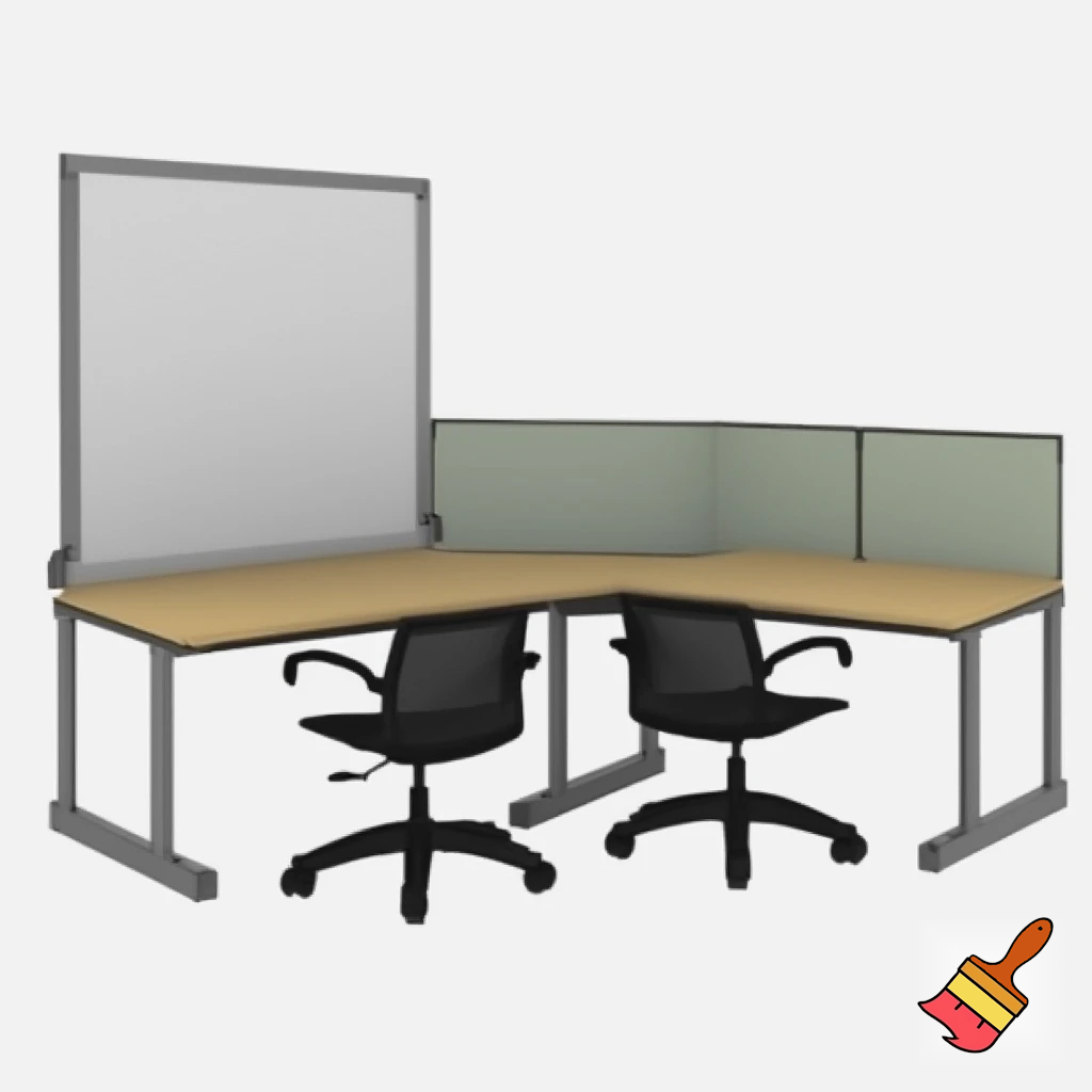 to arbejdsstationer , som består af 2 vægge 1,5 m høje, som står overfor hinanden ( på den ene - er whiteboard, på den anden - en skærm), med et klapbord på  hver væg (under whightboardet og skærmen), 2 stole på begge sider af hvert klapbord. Der er ikke væg imellem stationerne. Hvis man sætter dem sammen, bliver der dannet en station til 4 personer