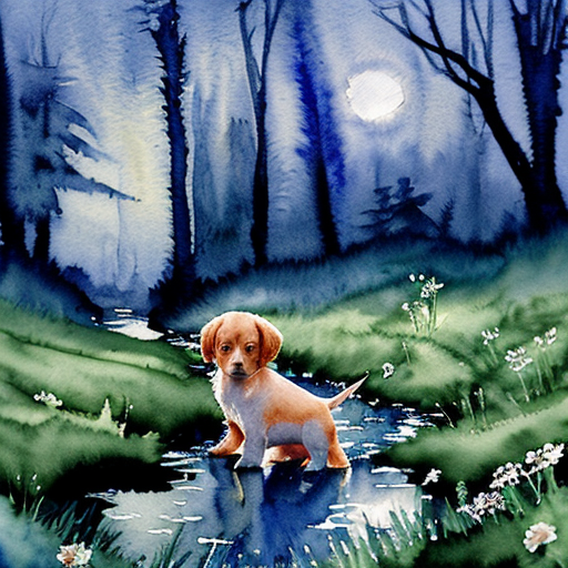 Kouzelná večerní scéna, lesní mýtina v noci, z potoka vychází jasná modrá záře  ze svítícího safíru. Malé štěně stojí na okraji louky,  sleduje světlo. Magická atmosféra. Pohádkový akvarel.