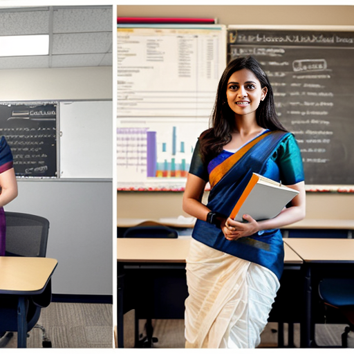 I A confident professional woman representing career growth and transformation. On the left side, she is shown as a teacher in a classroom, wearing a modest formal saree or professional attire, holding a book, standing near a blackboard with students’ desks in the background. On the right side, the same woman is now an Operations Officer, dressed in smart corporate office wear, standing in a modern office environment with a laptop, files, and business charts visible. The two scenes blend smoothly, symbolizing a successful career transition. Soft professional lighting, realistic style, high resolution, empowering and inspiring mood.
