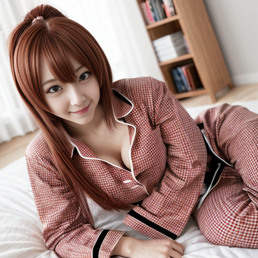 a anime girl with red plaid red pajamas and white shirt


