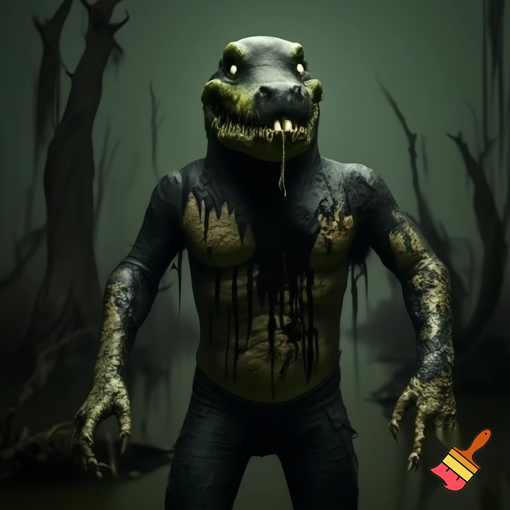 A grotesque, rotting, anthromorphic crocodile creature standing upright, its body covered in black goo, melting, and dripping like sludge, exposing its bones. The skin is swampy green, black, and sickly brown, with patches of rot and ooze and entirely made out of gunk. Eyes bulging in horror, jaw hanging loosely, teeth crooked and partially dissolved and has a deformed smile. The creature’s limbs stretch out as goo drips from its claws exposing its skeletal fingers. It's appearance, also zombie-like and deformed. Surround it with an eerie, fog-filled swamp: twisted dead trees, murky water, dim green-gray light, and a haunting atmosphere. Highly detailed, creepy, and surreal. 