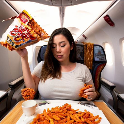 woman in a plane eats alot of hot cheetos she turned fat the inpoley came  in and she eat all her snacks