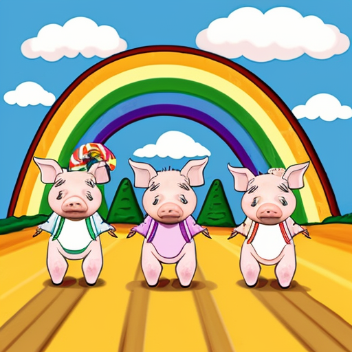 3 pigs who are roomates are walking on a rainbow bridge that oepens up to candy land