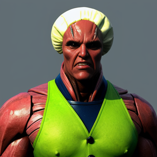 peux tu générer un homme requin humanoïde  qui porte un costume jaune abimé. Ses bras portent  des ailerons de requins. Il est musclé et à l'air méchant. Il porte un chapka russe sur la tête. 
Représente le de plein pied et insiste sur son côté requin terrifiant.