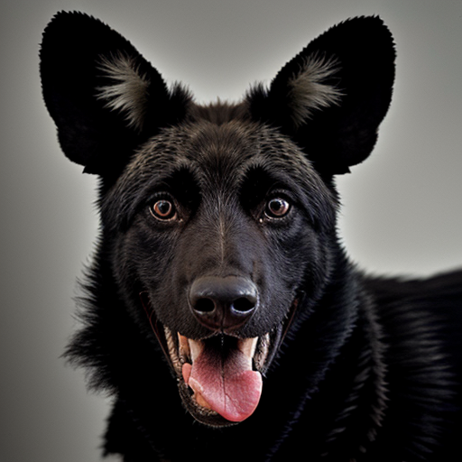 A black wild dog taking a mugshot looking DEADLY, sinister, angry and malicious