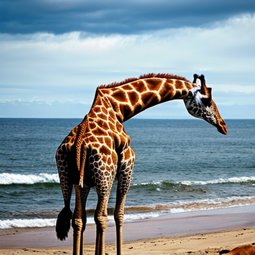 a giraffe next to a dog in front of the ocean