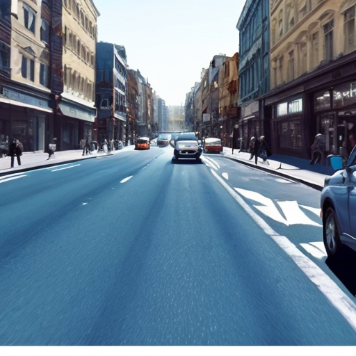 i want a man drawing with blue color high in a centrl road with a car almost to hit him and people doing their shops and making fun of him
