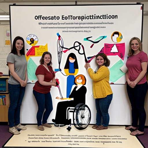 create school based Occupational Therapy team poster cartoon with 10 women and 1 man use scissors, glue, wheelchair,writing

