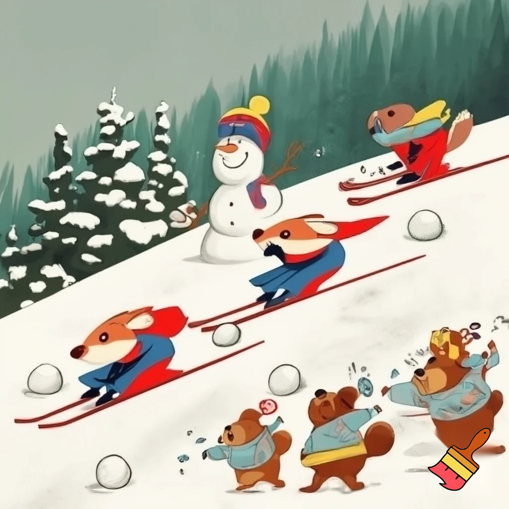 Drawing in old soviet cartoons style. Hares in ski suits are skiing on a snow-covered slope with dense forest on the edges. Next to them foxes in ski suits are skiing on a snow-covered slope with dense forest on the edges. Next to them bear cubs in winter clothes are making a snowman on a snow-covered slope with dense forest on the edges. Next to them squirells in winter clothes are playing with snowballs on a snow-covered slope with dense forest on the edges