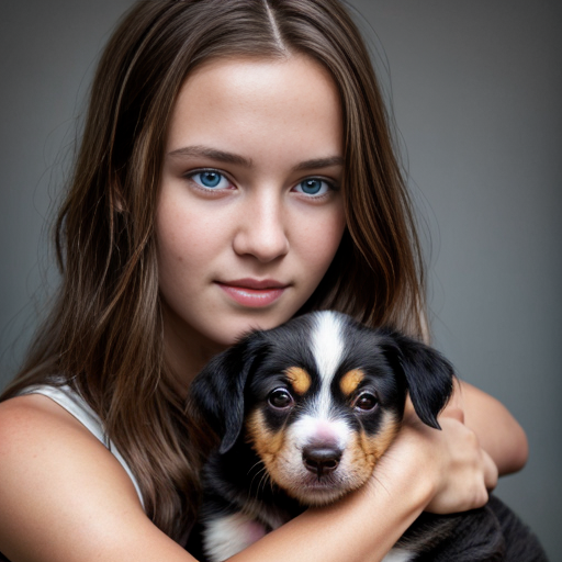 a girl with light brown long hair and blue eyes with an adourable puppy in her hand