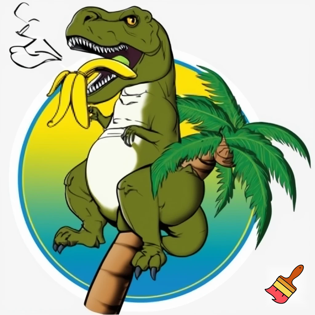 t rex sitting on palm tree eating a banana