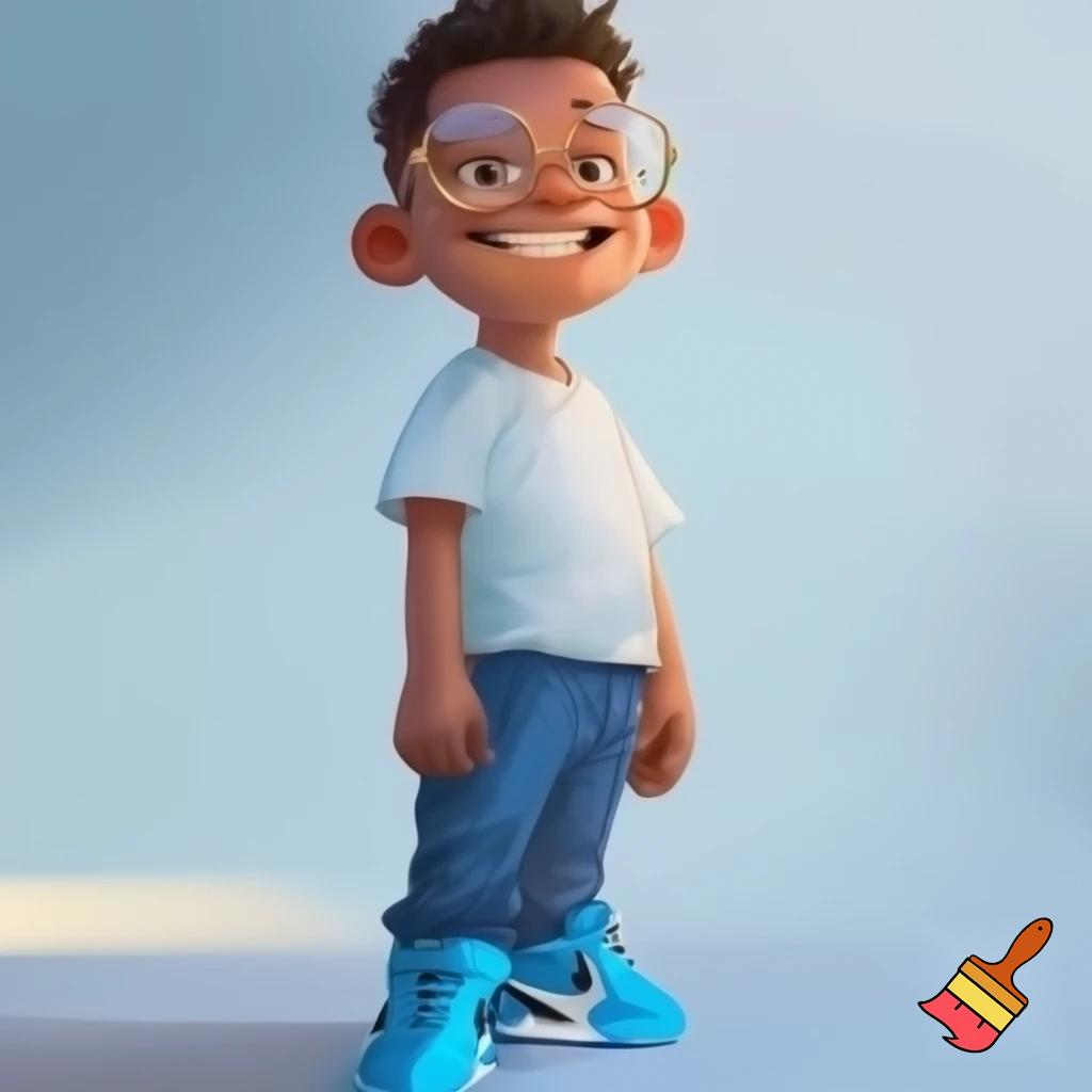 a boy standig he has a white skin coulor and black short hair he has bleu geans and a white bloes and bleu airmax shoes and he is whereing gold glasses and he is 12 years old and his hair is fully black and he is a bit taller and his skin is super light brown and he is super tall and looks happy



