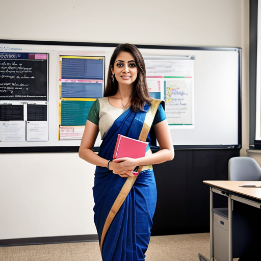 I A confident professional woman representing career growth and transformation. On the left side, she is shown as a teacher in a classroom, wearing a modest formal saree or professional attire, holding a book, standing near a blackboard with students’ desks in the background. On the right side, the same woman is now an Operations Officer, dressed in smart corporate office wear, standing in a modern office environment with a laptop, files, and business charts visible. The two scenes blend smoothly, symbolizing a successful career transition. Soft professional lighting, realistic style, high resolution, empowering and inspiring mood.
