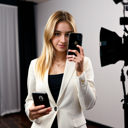 A spoiled very beautiful girl with blonde hair a white blazer and an expensive phone in her hand. She is in a fancy studio with cameras around her