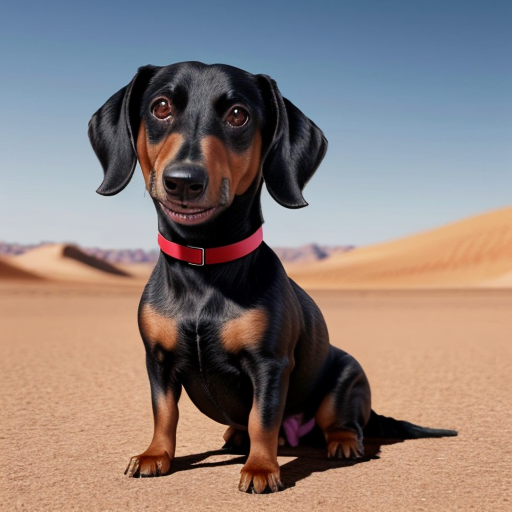 Make a picture of a black wiener dog with big human thighs farting in the middle of the desert with a big human nose and mustache