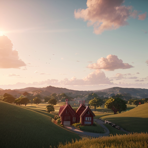 liminal space, dreamcore Whimsical, dreamlike aerial view of rolling green hills dotted with small houses, dramatic cumulus clouds illuminated by golden hour sunlight, Studio Ghibli inspired, painterly, soft focus, vibrant emerald greens and pastel sunset hues, serene atmosphere, cinematic wide shot, high detail, octane render --ar 9:16 --v 6 --style raw