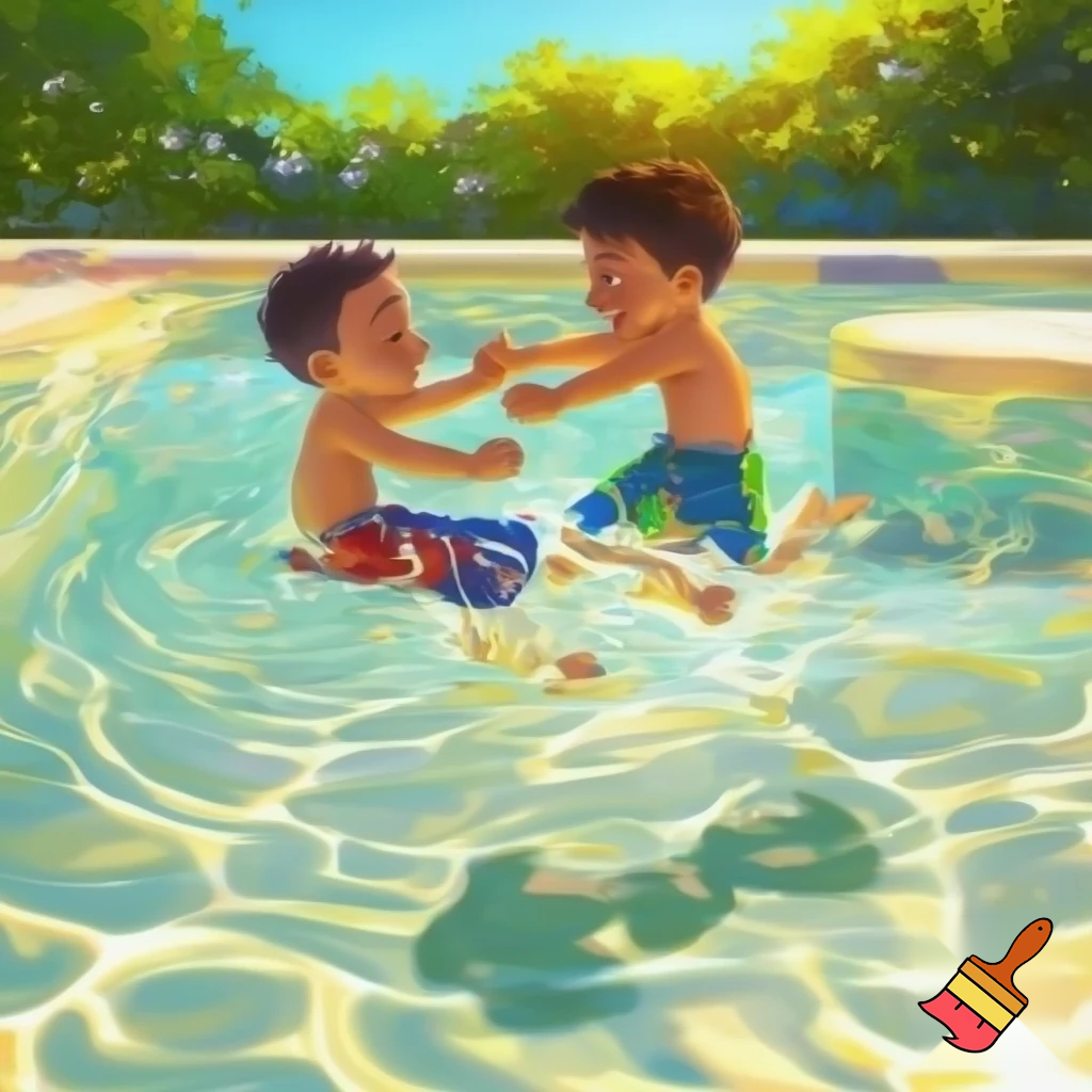 A cheerful 12-year-old teenage sister wears the same boys' swimsuit as her equally cheerful and amused 13-year-old teenage brother, and they both play in it together.