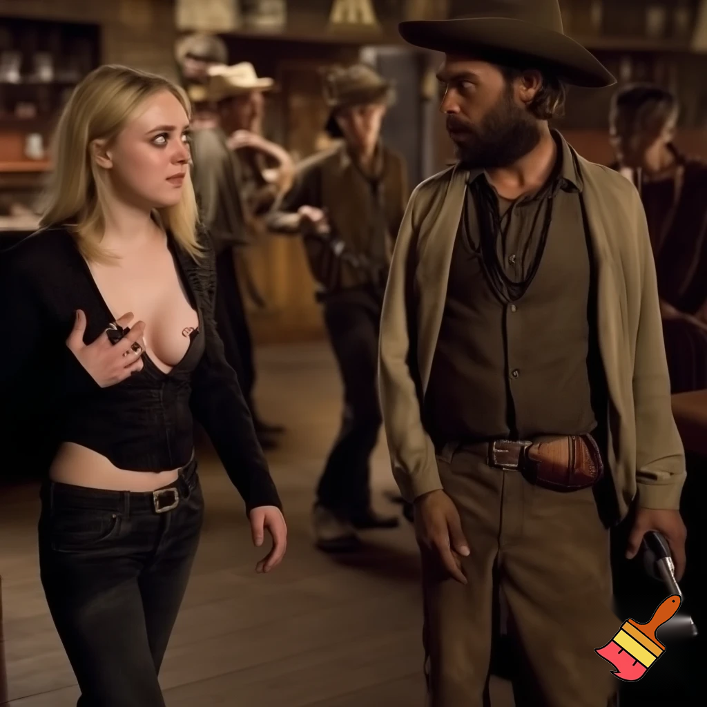 Dakota Fanning, various poses, torn clothes, wild west saloon scene, close up shot, breast exposed, walking looking at man with a gun