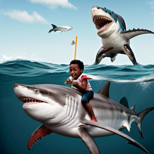 African American kid riding a shrimp dunking on a shark in the ocean with t-rex with kazer eyes in the back