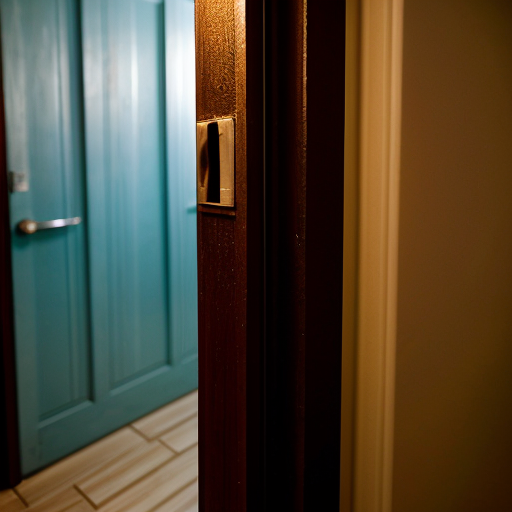 Close-up of room number 213 outside hostel room door, dim corridor light flickering