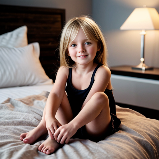 blonde little girl, sitting on bed, on the bedroom