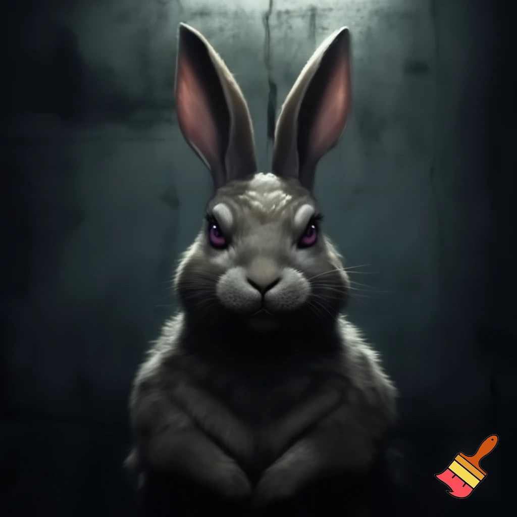 european rabbit smirking menancing sinister mugshot