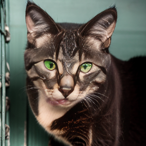 only feral cat, mugshot, dark brown fur, black details ,green eyes, malicious ,evil, wearing prison clothing
