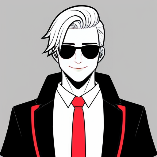 make a rough sketch of a feminine man (in a manga art style), who has a tall and slender body type, white, long wavy hair, a corset over a short sleeve button up; make it formal yet pretty, he has one red eye which has a scar, and he's holding a chainsaw. he also has thin oval-shaped glasses low on his nose, and a red ribbon tied around his neck. He's also wearing fingerless gloves.