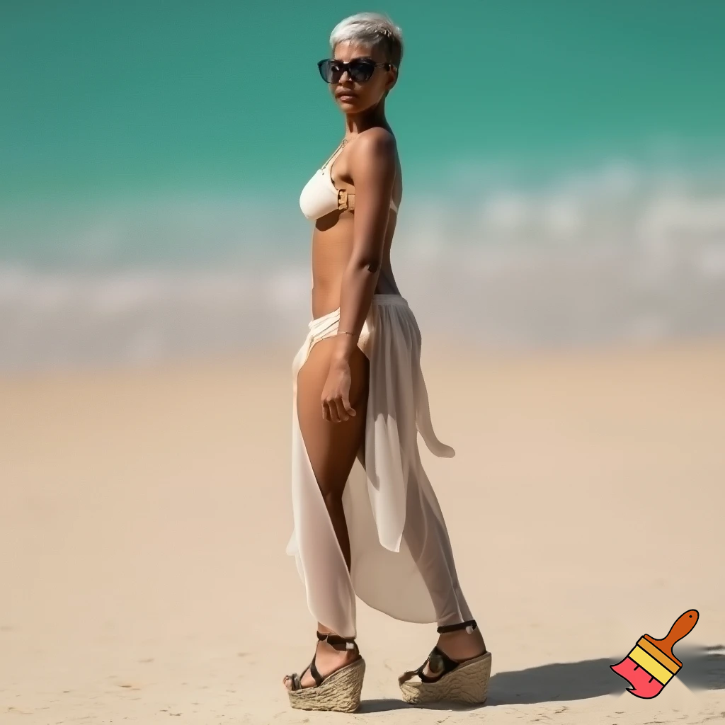 Attractive woman with an ash blonde pixie cut wearing rimless sunglasses, a bikini, a sarong and espadrille wedges 