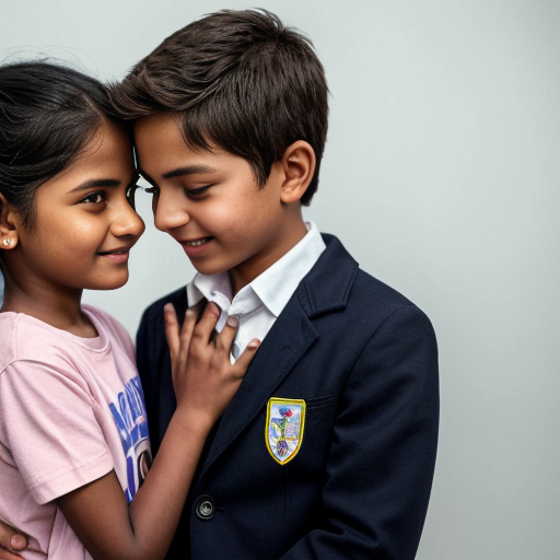 n Indian boy holding an Indian girl with his hands. 
The girl gently kisses the boy’s forehead. 
They both look like 21-year-old college students. 
The boy wears a light green shirt and black pants. 
The girl wears black pants, a sky blue top, and a black coat with shortand button closed . 
The girl’s skin tone is slightly darker than the boy’s. 
Background: a room with a plain white wall. 
The girl’s hair is tied neatly, like in a uniform style. 
Style: soft watercolor painting. 
Aura glow: pastel aura (pink + blue mix)