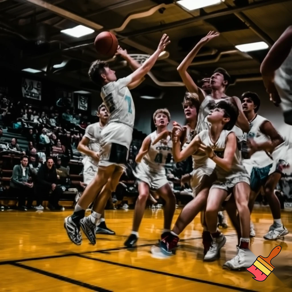 behind white teenage basketball players making a game winning three pointer