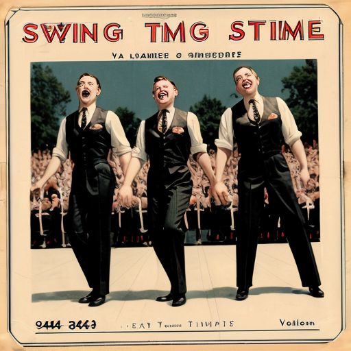 A CD cover with a 1940s style image of swing time singers.
