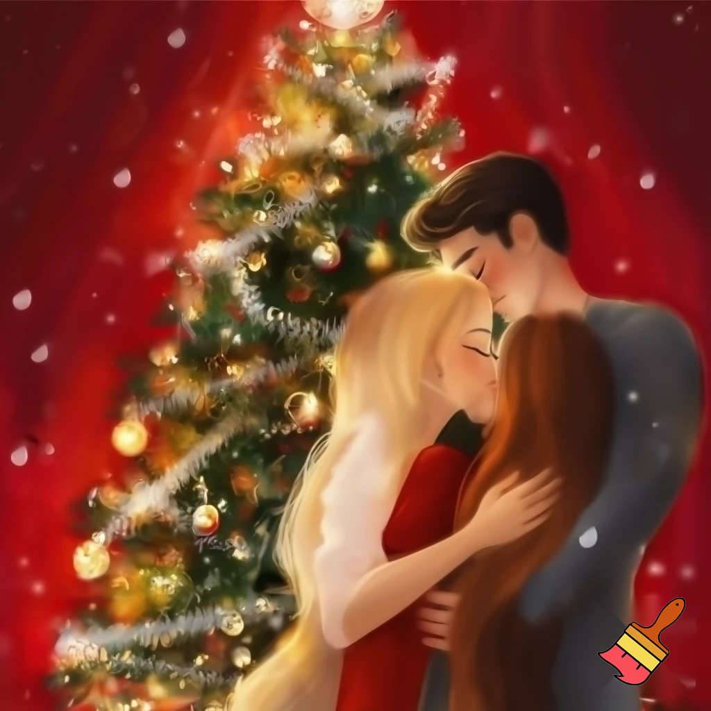 Een liefdespaar rode achtergrond kerstboom