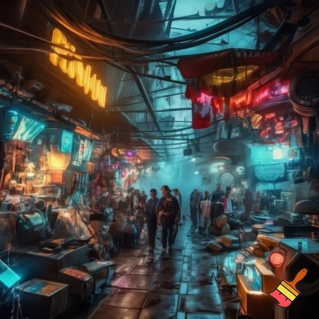 Un mercato cyberpunk affollato in un vicolo stretto, luci al neon che illuminano bancarelle tecnologiche, cavi sospesi ovunque, venditori con impianti cibernetici, insegne in lingue miste, atmosfera umida e realistica, resa fotografica 8K.