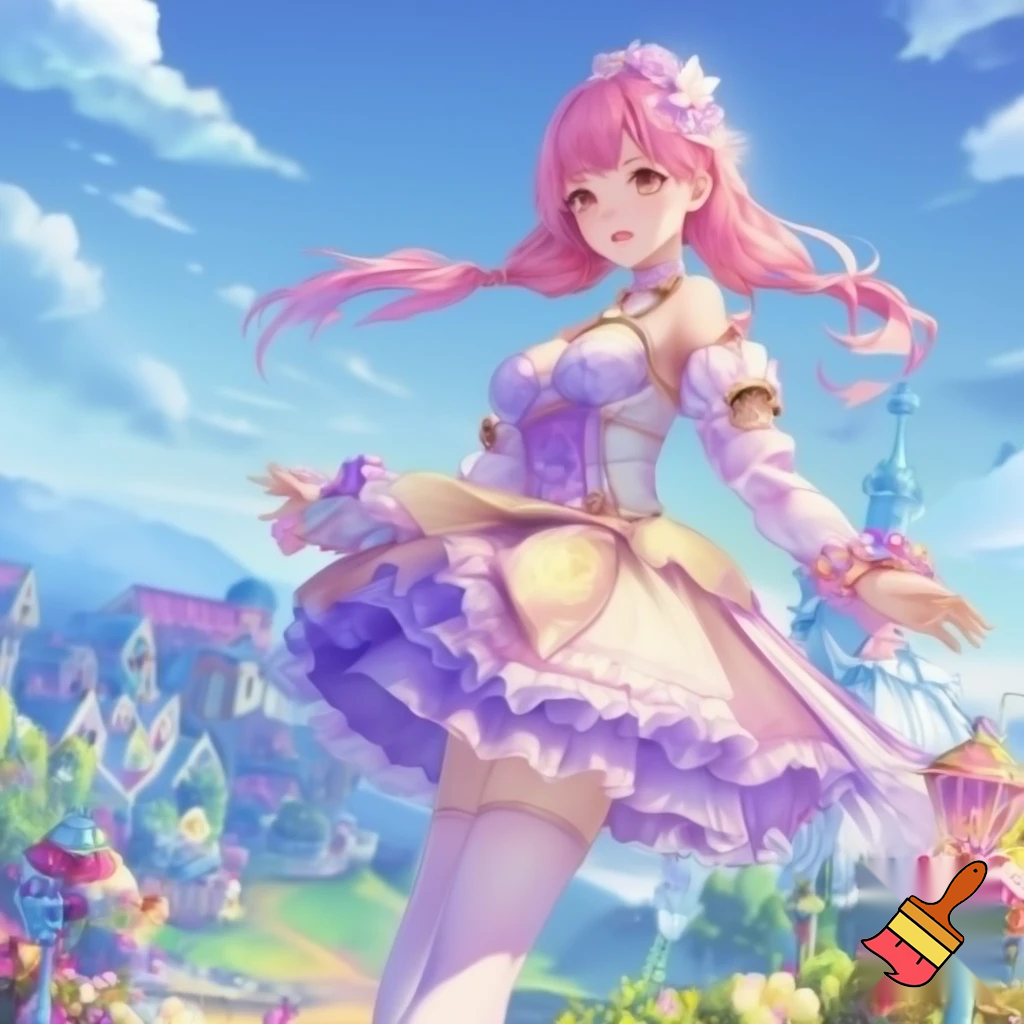 An anime girl with pink hair, wearing a cute, adorable, fantasy dress posing in a pretty landscape with the blue sky and pretty buildings and cute decor