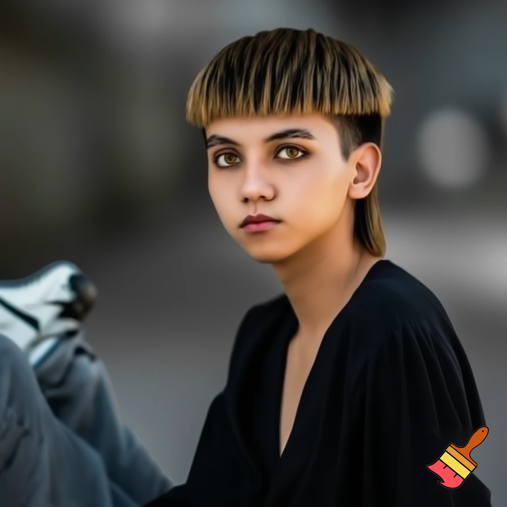 wygeneruj moją podobiznę 186 wzrostu włosy na krótszy modern mullet grzywka delikatnię w górę moje buty nike shox szare baggy jeansy czrna luzna bluza wyrazista szczęka i oczy brązowo zielone kolor włosów brązowe mam 17 lat