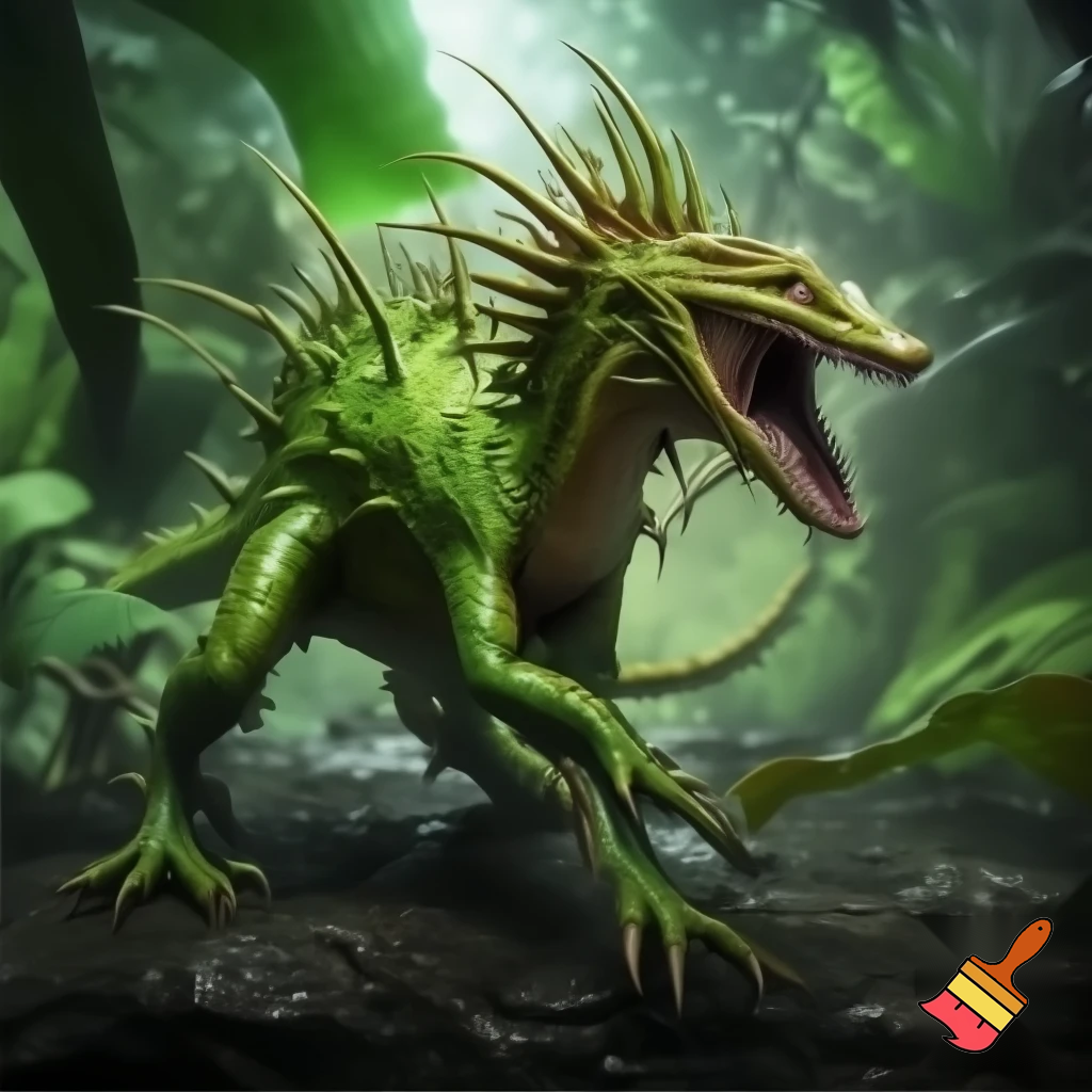 a animal that has green skin and has no eyes
and has a tail with spike on the tail and body and looks like a fly trap and lives in the rainforest has a big mouth and has shark teeth and has legs
and with no eyes and walks on all four legs