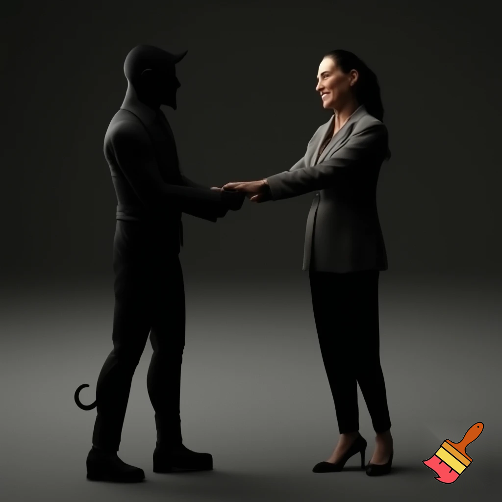 claudia sheinbaum holding hands with the devil and smiling, full body, 