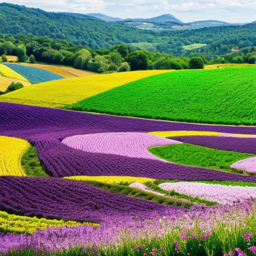Hills of  purple and green fields and pink and purple flowers




