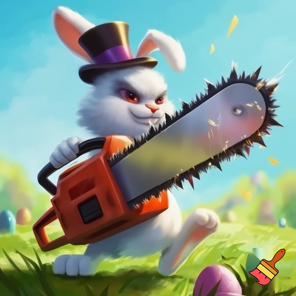 Easter bunny with a chainsaw with a top hat mascot costume