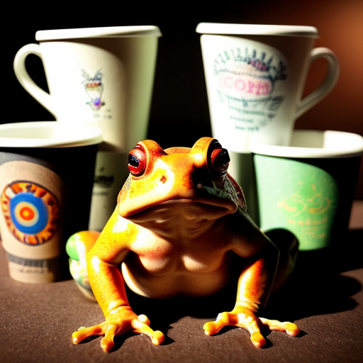 A hillarious, funny boho toad with some hippie colored coffee cups. Psychedelic decorated background.