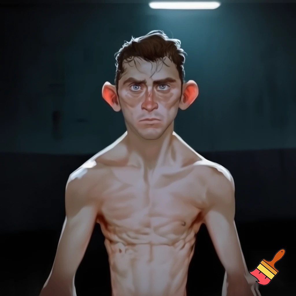 A mixed martial artist who has gone down two weight classes for a fight. His cheeks are sunken and his ribs are visible and his muscles stand out alarmingly. Nonetheless, he stands tall and steady. His eyes are watery blue, his hair is brown and his ears stick out. 