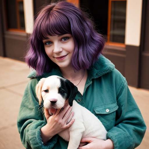 a girl with a whimsical eye and luscious purple hair baggy old green clothes and a puppy with blue fur